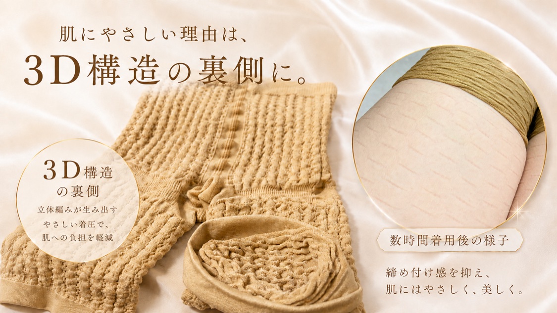 肌にやさしい理由は、3D構造の裏側に。立体編みが生み出すやさしい着圧で、肌への負担を軽減。数時間着用後の様子。締め付け感を抑え、肌にはやさしく、美しく。